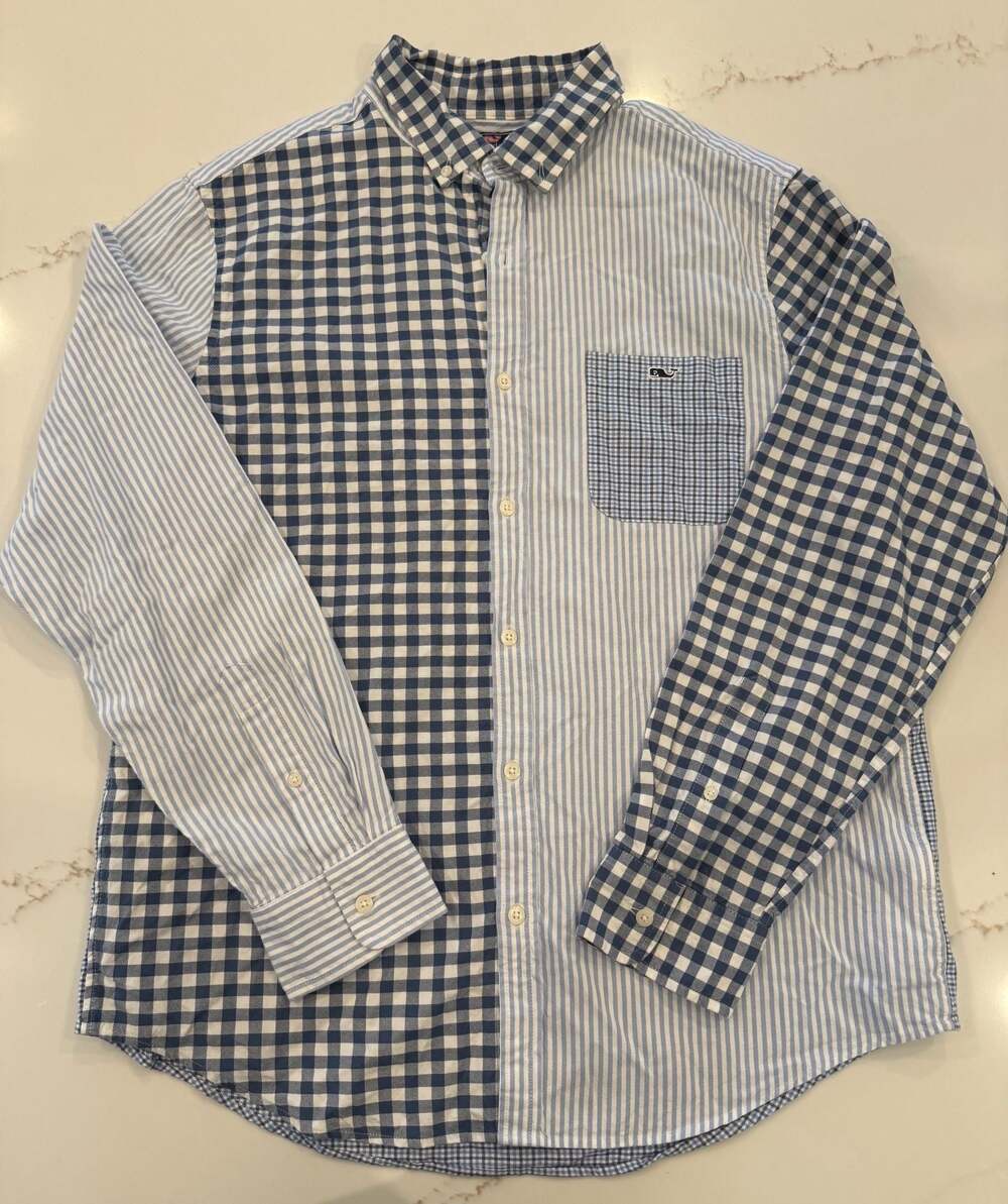 Vineyard Vines Slim Fit Tucker Shirt Patchwork Gingham Stripe Blue White Size L